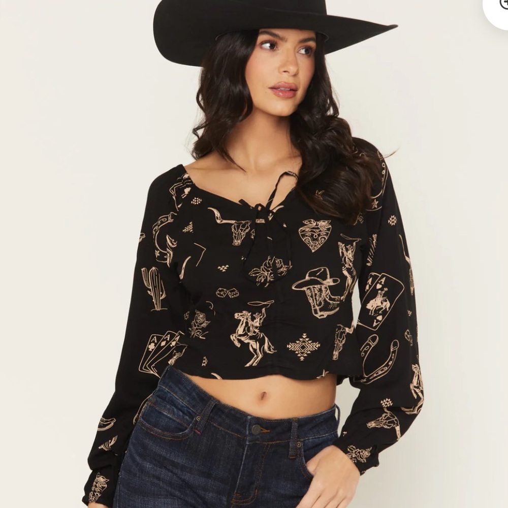 IDYLLWIND Keystone Conversational Print Smocked Rodeo Western Crop Top Size XL